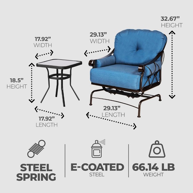 Four Seasons Courtyard Uptown 3 Piece Chat Set With 250 Pound Capacity 2 Steel Spring Rocker Chairs amp 1 Side Table With Extra Side Armrest Cushions