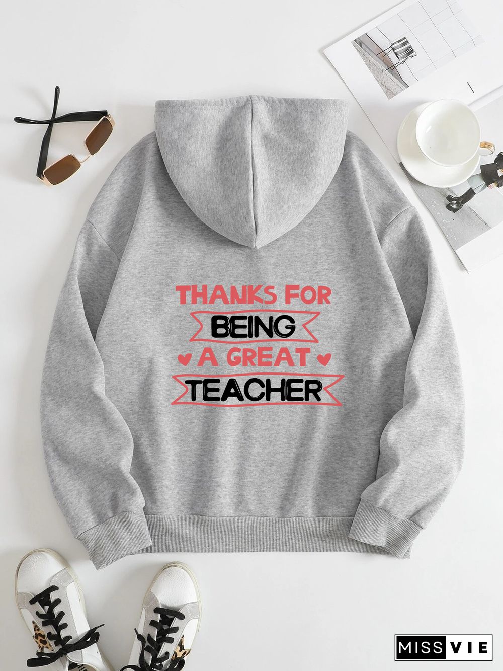 Printed on the Back Kangaroo Pocket Hoodie Long Sleeve for Women Pattern Thank you teacher