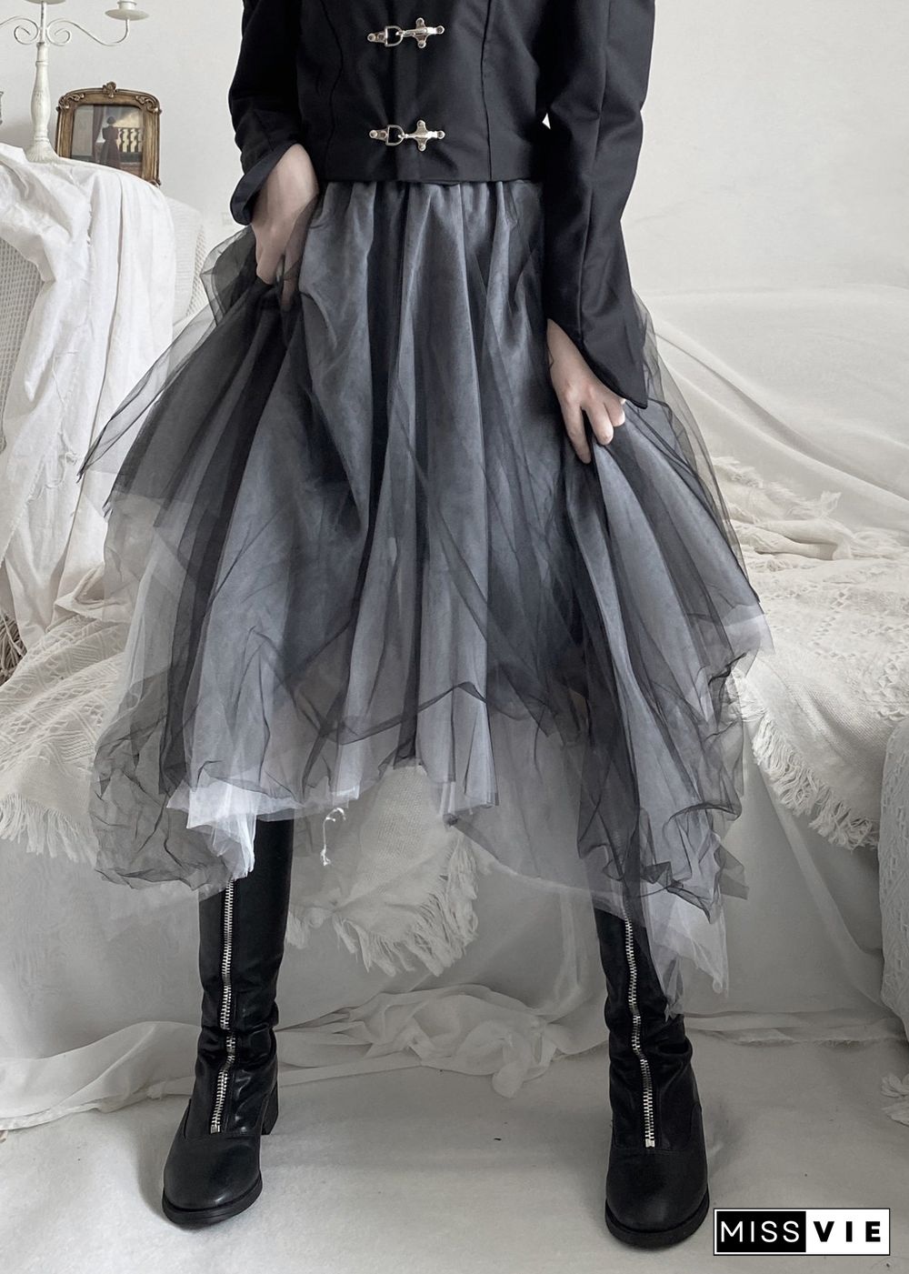 DIY Black Asymmetrical Wrinkled Solid Tulle A Line Skirt Fall