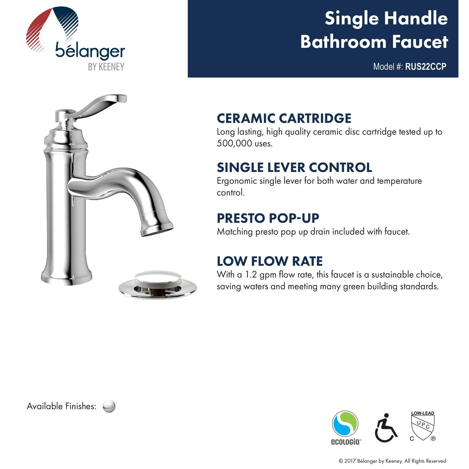 Belanger RUS22CCP Single Handle Bathroom Faucet with Drain， Polished Chrome