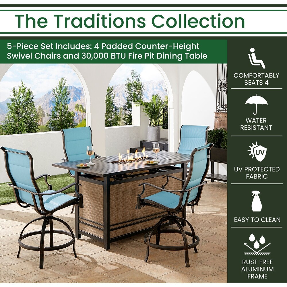 Hanover Traditions 5 Piece High Dining Set in Blue with 4 Padded Counter Height Swivel Chairs and a 30 000 BTU Fire Pit Table