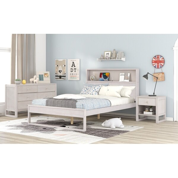 3-Pieces Bedroom Sets Full Size Platform Bed with Nightstand and Dresser， Retro Bed with Bedhead Storage Shelf - - 37940096