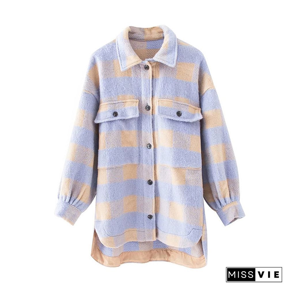 Women Fashion Overshirts Oversized Checked Woolen Jacket Coat Vintage Pocket Asymmetric Female Outerwear Chic Tops