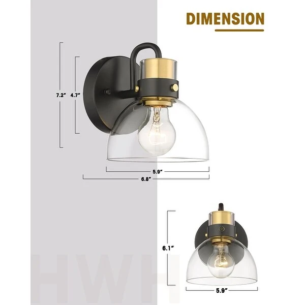 Modern Bathroom Vanity Light with Clear Glass Shade, Black and Gold Finish