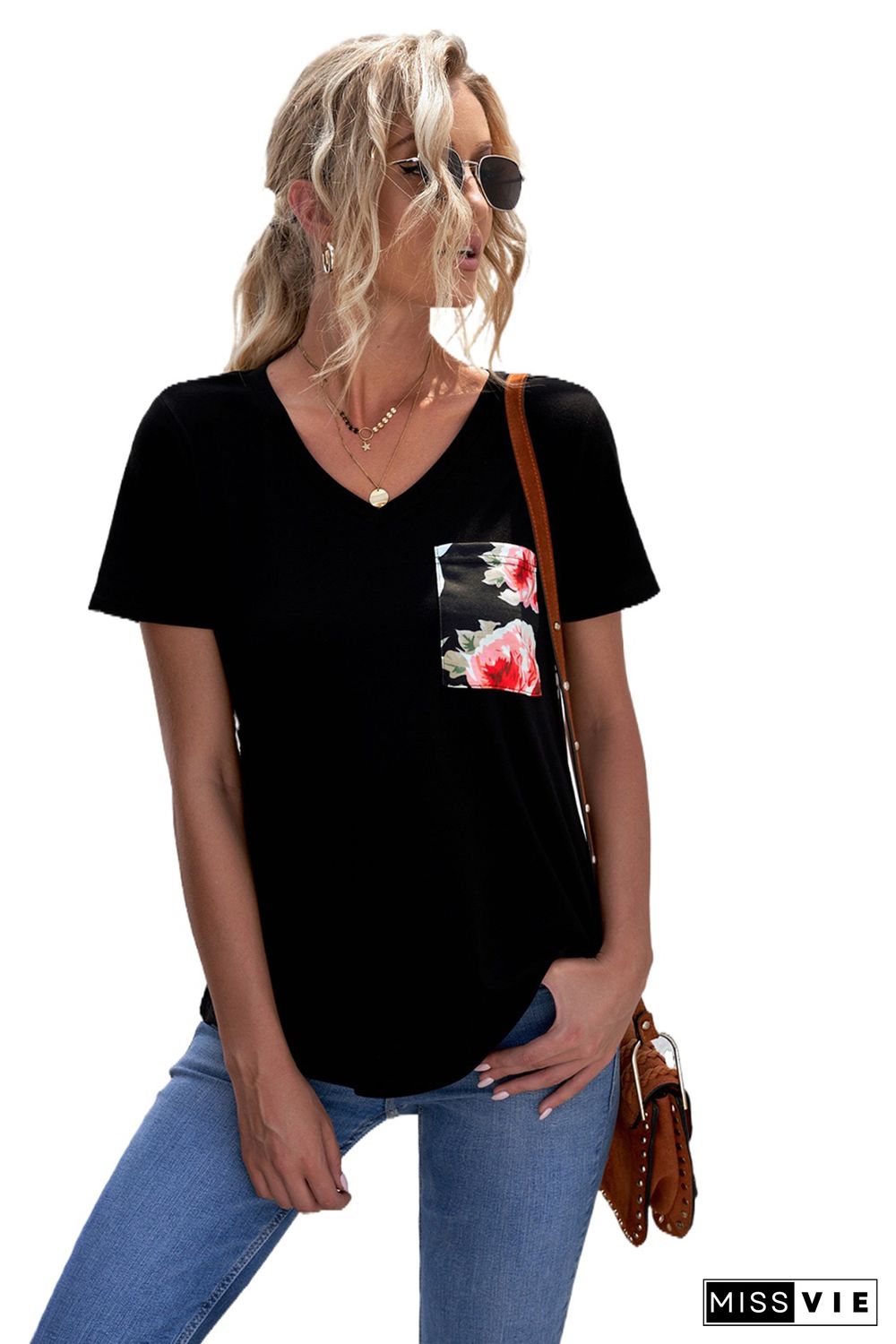 Black Women's Casual Floral Printed Splicing Pullover Pocket T-shirt