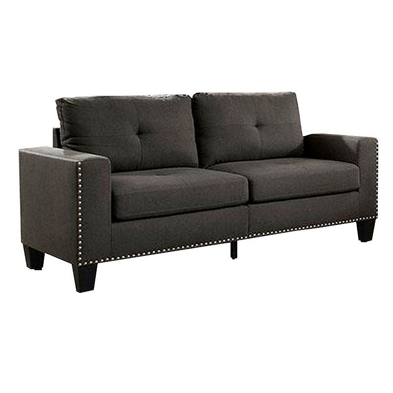 Fabric Upholstered Sofa with Track Arms and Nailhead Trim， Dark Gray