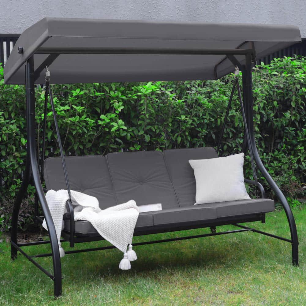 VEIKOUS 3Seat Converting Canopy Patio Swing Steel Lounge Chair with Cushions in Dark Grey