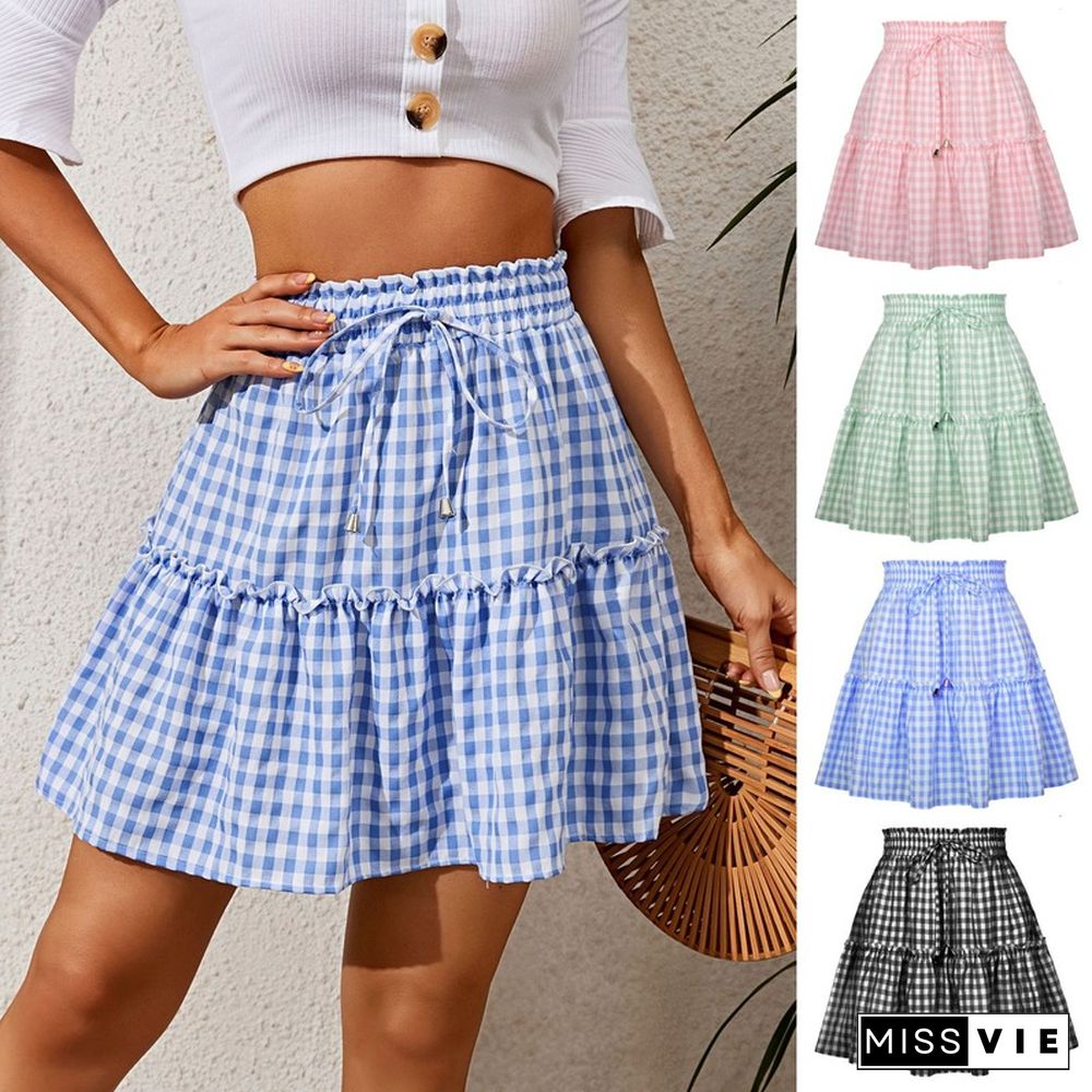 Casual Skirts Women Summer Skirt New Smocked Elastic Waist Lace-up Vintage Plaid Print Mini Skirt For Office Lady