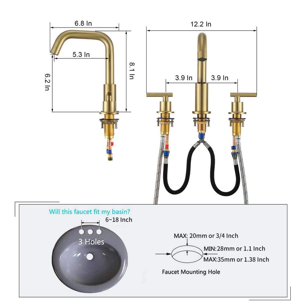 Boyel Living 8 in Widespread 2Handle MidArc Bathroom Faucet with Valve and cUPC Water Supply Lines in Brushed Gold