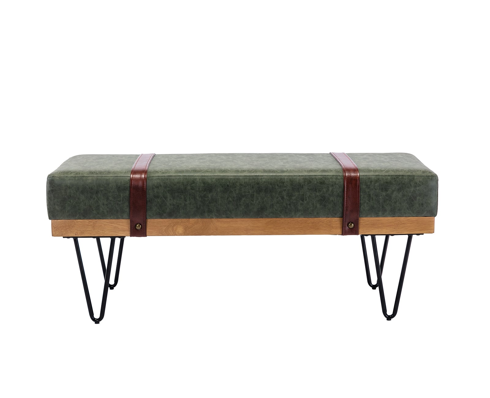 Guyou Modern Faux Leather Rectangle Ottoman Bench with Two Straps and Metal Legs, Upholstered Bed End Bench Entryway Shoe Bench Dining Table Bench Footstool for Bedroom Living Room, Green