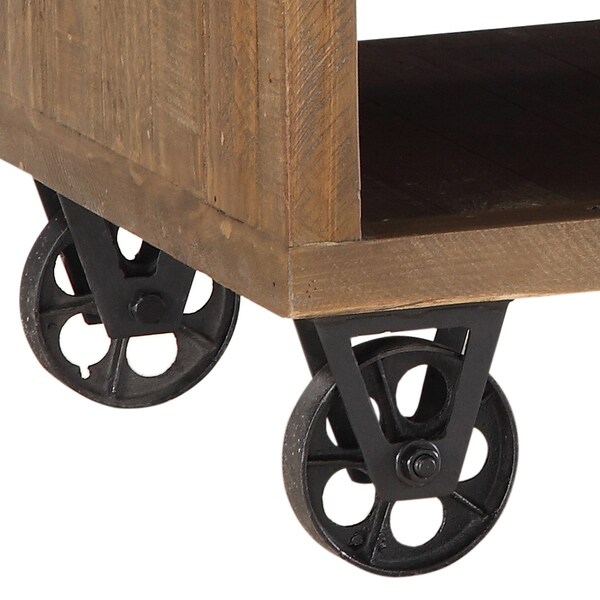 Pine Wood and Metal End Table with Wheelbarrow Base Design， Brown and Black