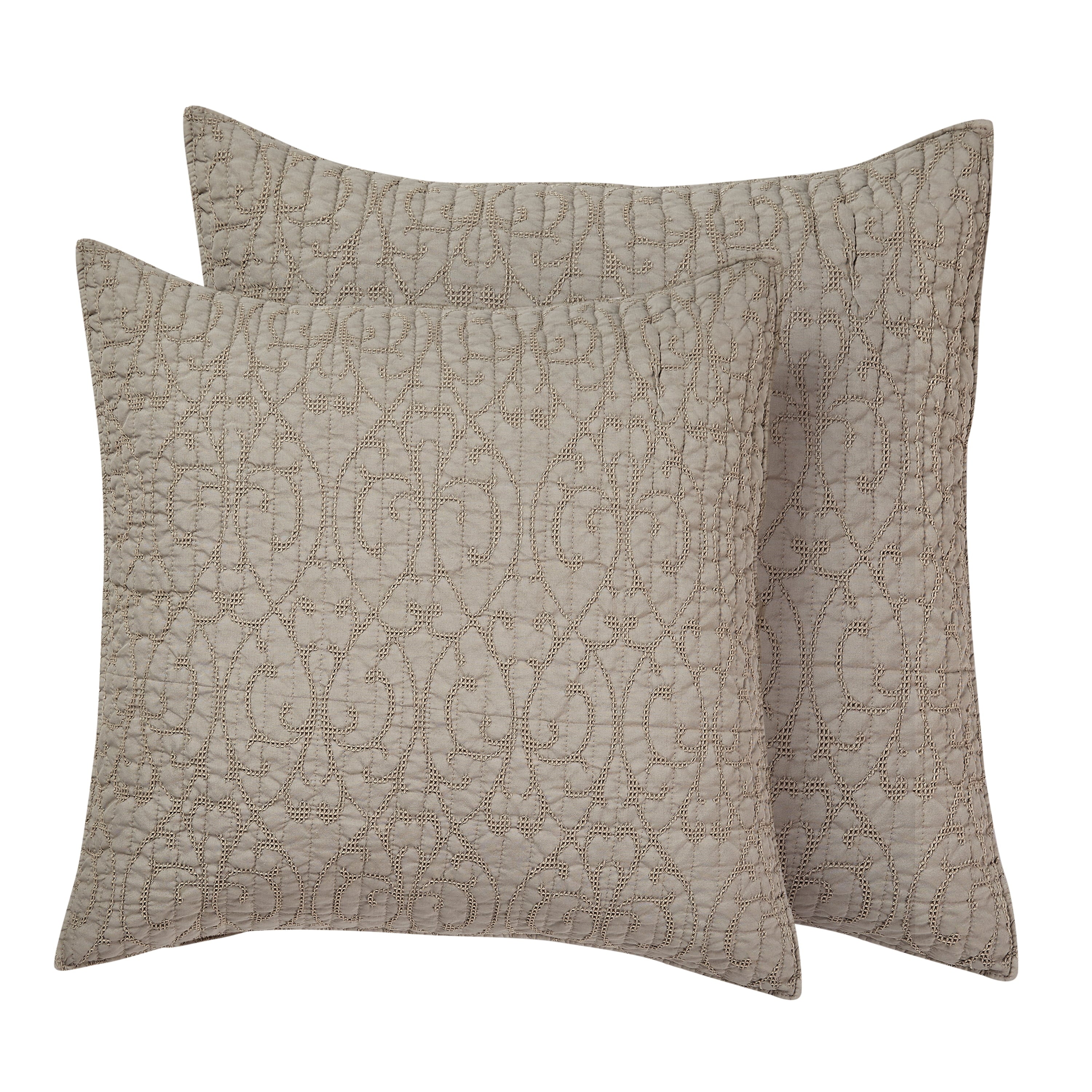 Homthreads - Beckett Two Euro Pillow Shams - Microfiber Jacquard - Damask Scroll - Taupe - Euro Size (26 x 26in.) and Pillow Sham Size