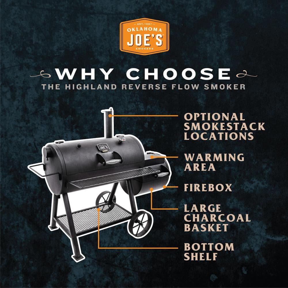 OKLAHOMA JOE'S Highland Reverse Flow Offset Charcoal Smoker and Grill in Black with 900 sq. in. Cooking Space 17202052