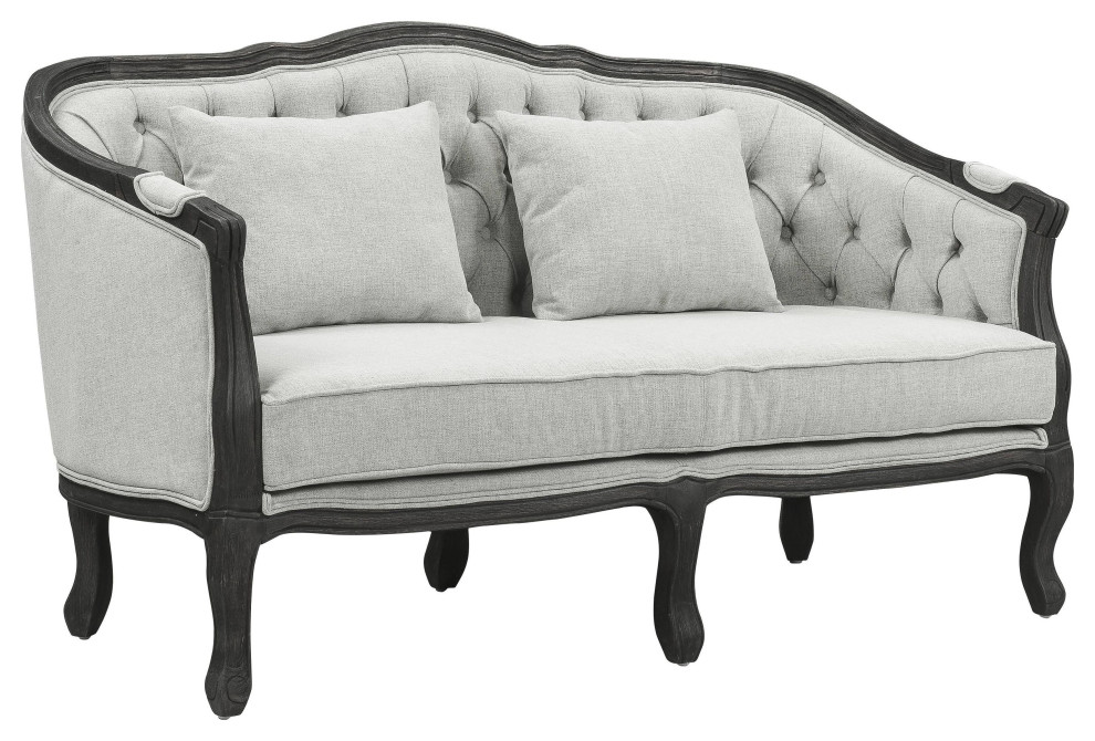 Samael Loveseat With 2 Pillows  Gray Linen and Dark Brown Finish   Traditional   Loveseats   by VirVentures  Houzz