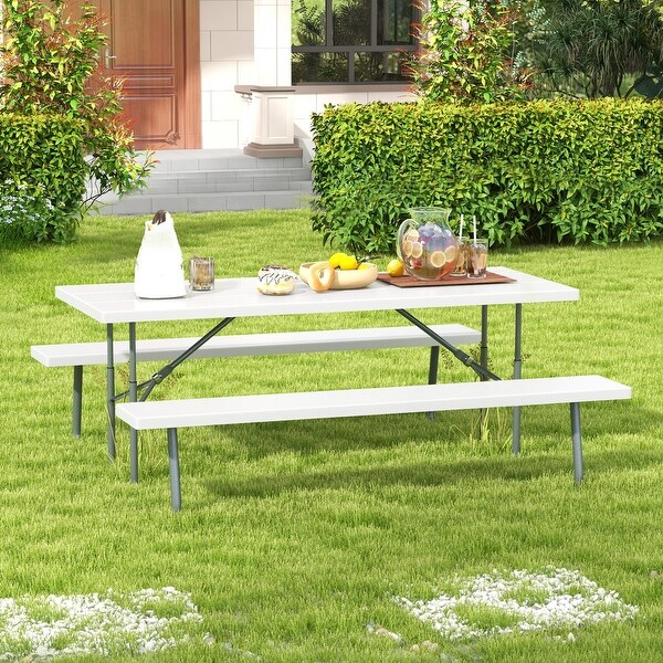 Folding Picnic Table Set with Metal Frame and AllWeather HDPE Tabletop，Umbrella Hole