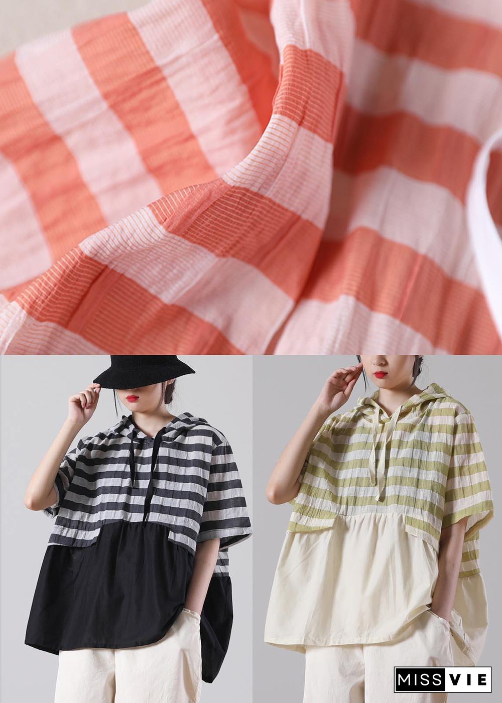 Chic Green Striped Oversize Cotton Linen Summer Shirt