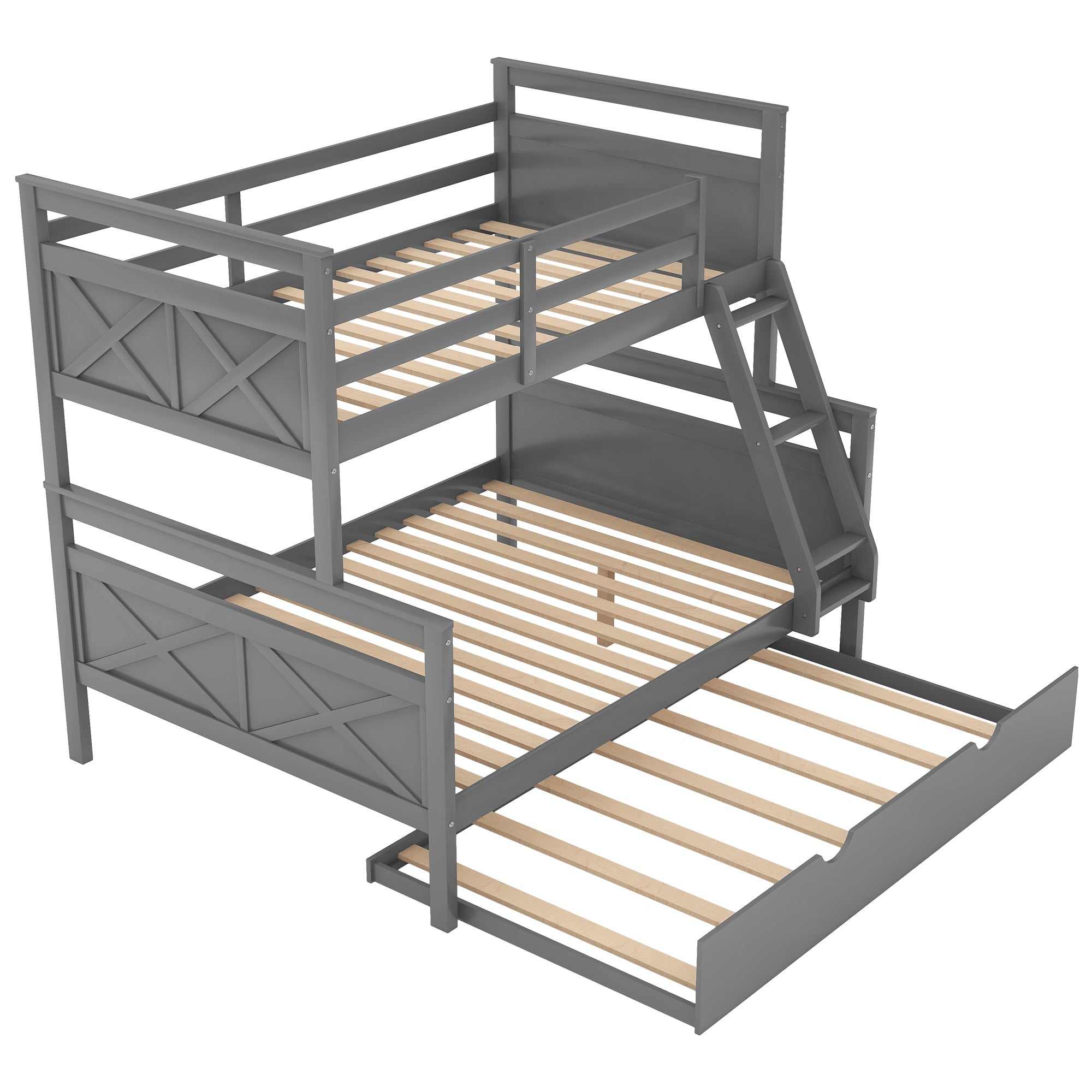 Euroco Wood Twin over Full Bunk Bed with Trundle for Kids & Adults Bedroom, Gray