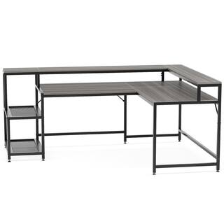 TRIBESIGNS WAY TO ORIGIN Perry 69 in. Grey Reversible Large Corner L Shaped Computer Writing Desk Monitor Stand Storage Shelf Home Office HD-JW0364-WZZ