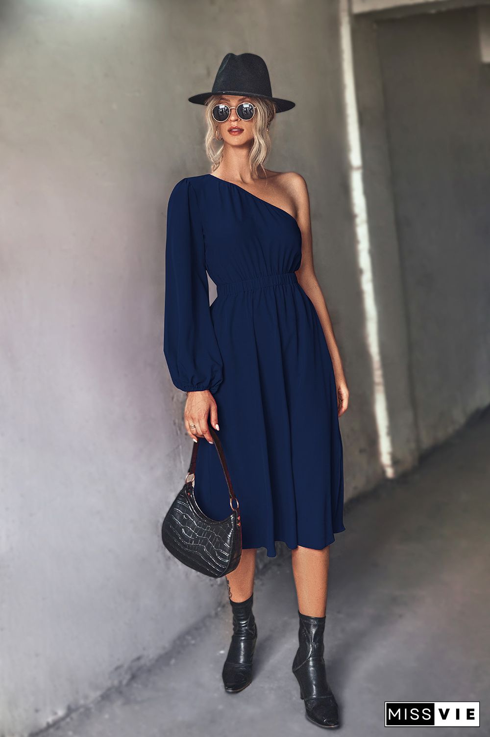 One Shoulder Elastic High Waist Midi Dress