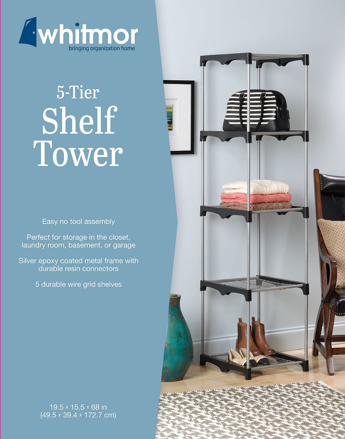 Whitmor 5-Tier Shelf Tower Closet System,  Metal with Plastic Connectors, Silver and Black