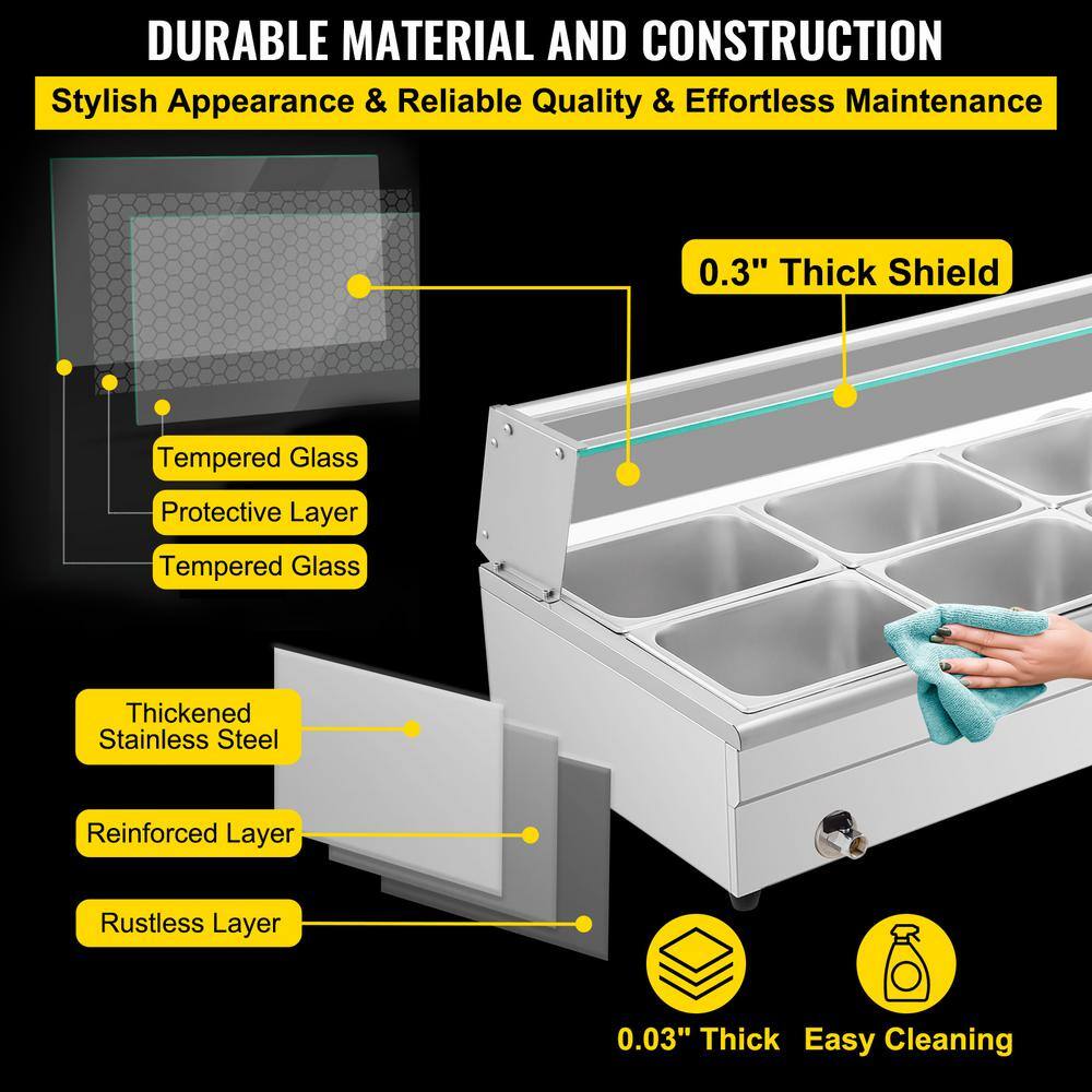 VEVOR 10 Pan x 12 GN Stainelss Steel Commercial Food Steam Table 6 in. Deep 1500Watt Electric Countertop Food Warmer 110 Qt. BLZBWTC10B2100001V1