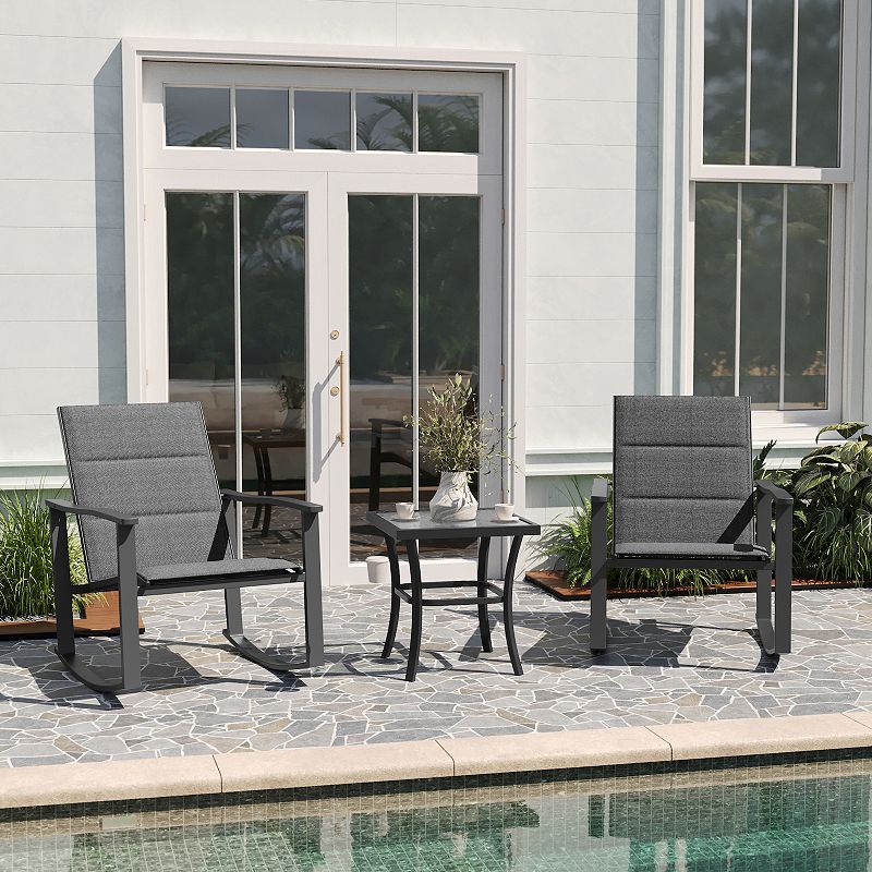 Merrick Lane Brevyn 3 Piece Outdoor Bistro Set with Rocking Chairs and Steel Framed Glass Top Table