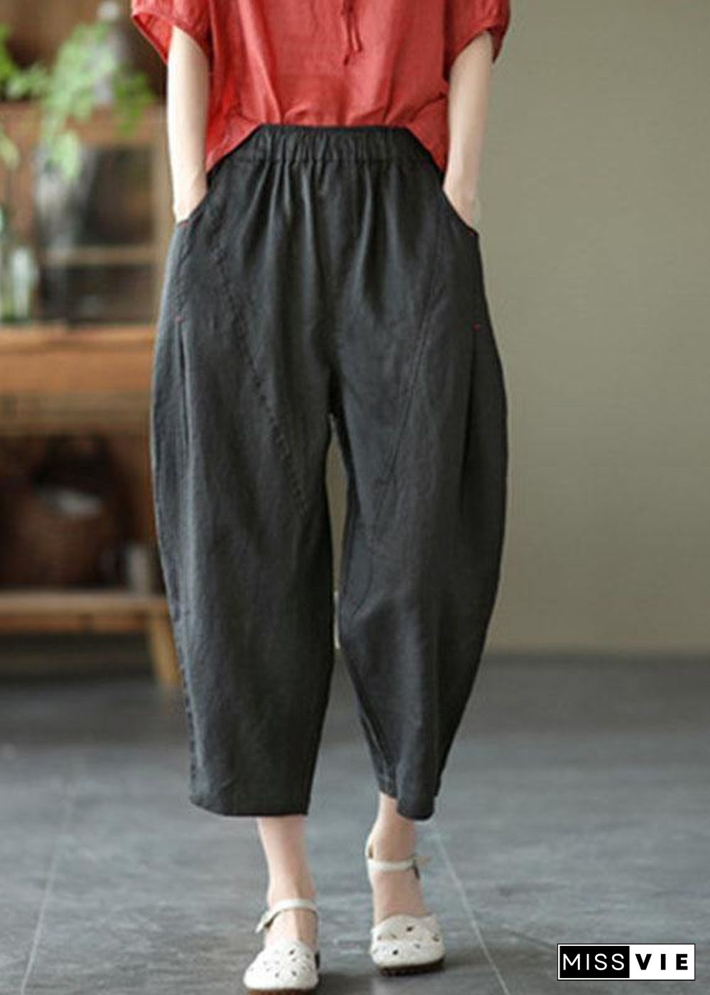 Natural yellow-half pattern Elastic Waist Summer Linen Harem Pants