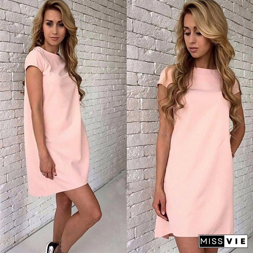 Women's Spring Short Sleeve Loose Mini A-line Candy Color Sweet Dress