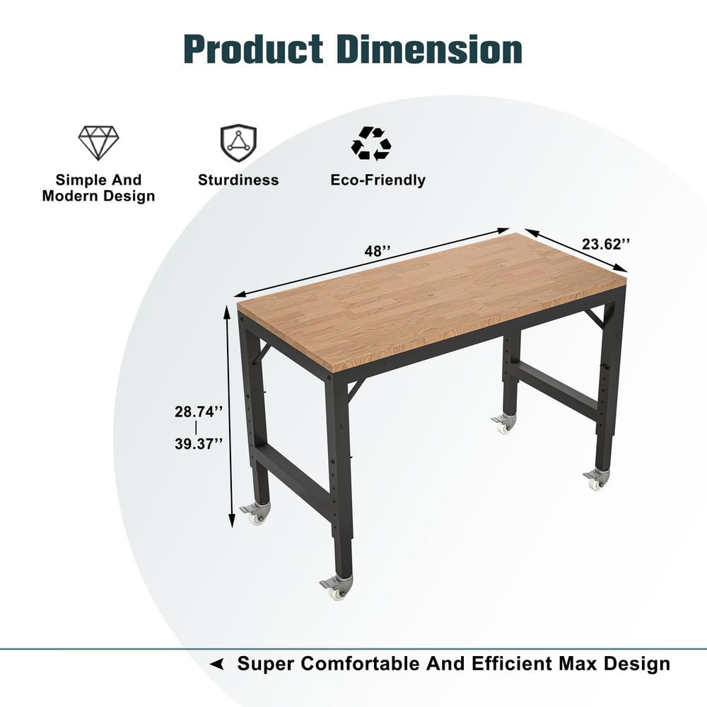 48 in. W Heavy-Duty Adjustable Workbench for Garage Rubber Wood Shop Table WRubber Pads with Wheels W1422P2-drqw