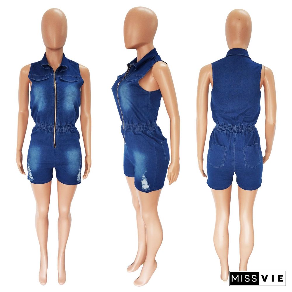 Zipper Turn Down Collar Sleeveless Denim Romper