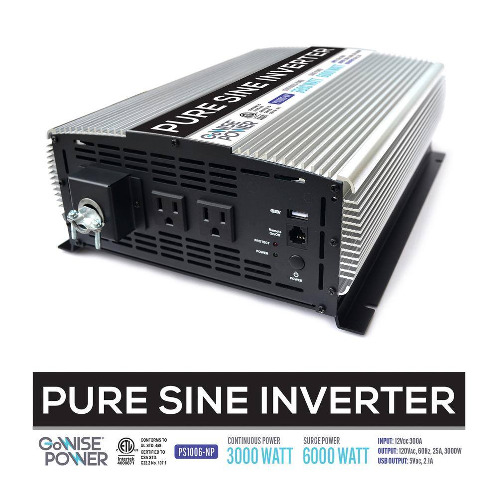 GoWISE USA 3000-Watt Continuous6000-Watt Peak Pure Sine Wave Inverter with AC Hardwire Terminal Block PS1006