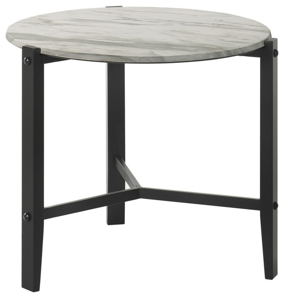 Zuko 24 Inch Round End Table White Faux Marble Design Black Legs  Saltoro   Side Tables And End Tables   by VirVentures  Houzz