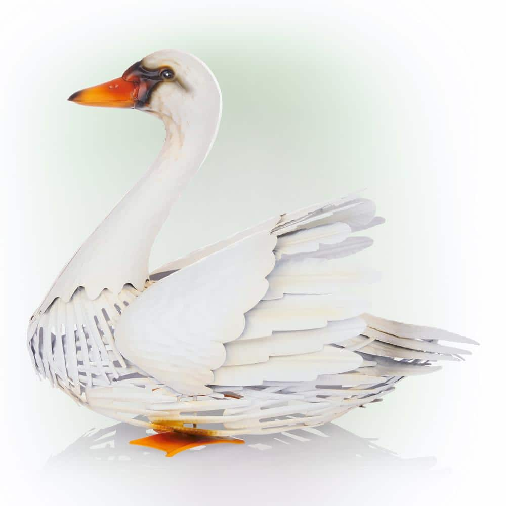 Alpine Corporation 11 in. H Indoor/Outdoor Metal White Swan Decorative Garden Statue MBG150HH