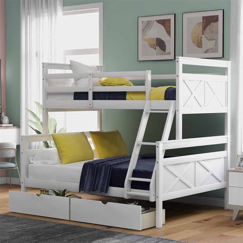 Twin Over Full Bunk Bed with Two Storage Drawers, Pine Wood Bed Frame and Guardrails and Ladder for Kids and Teens Trundle, White