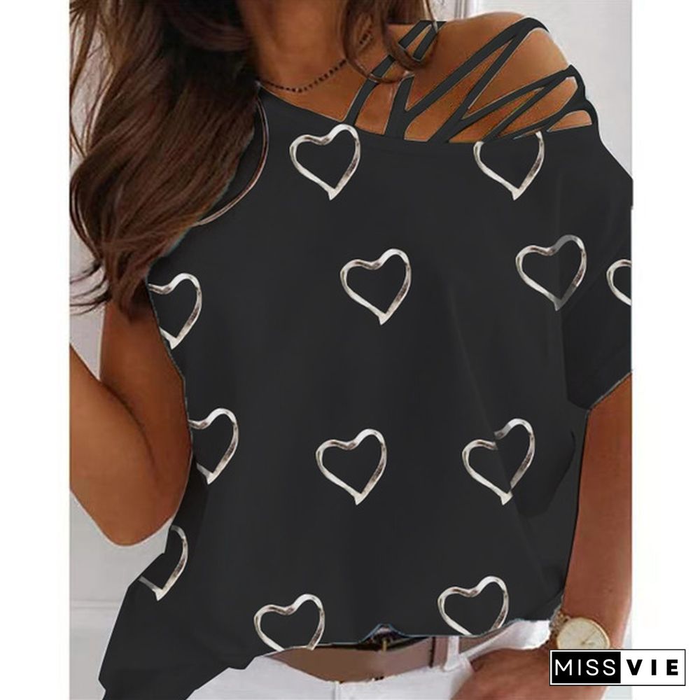 Summer New Fashion Women's Love Printed Cute Short Sleeve Strapless Casual T-shirt Loose Plus Size Soft and Comfortable Top Shirt XS-5XL