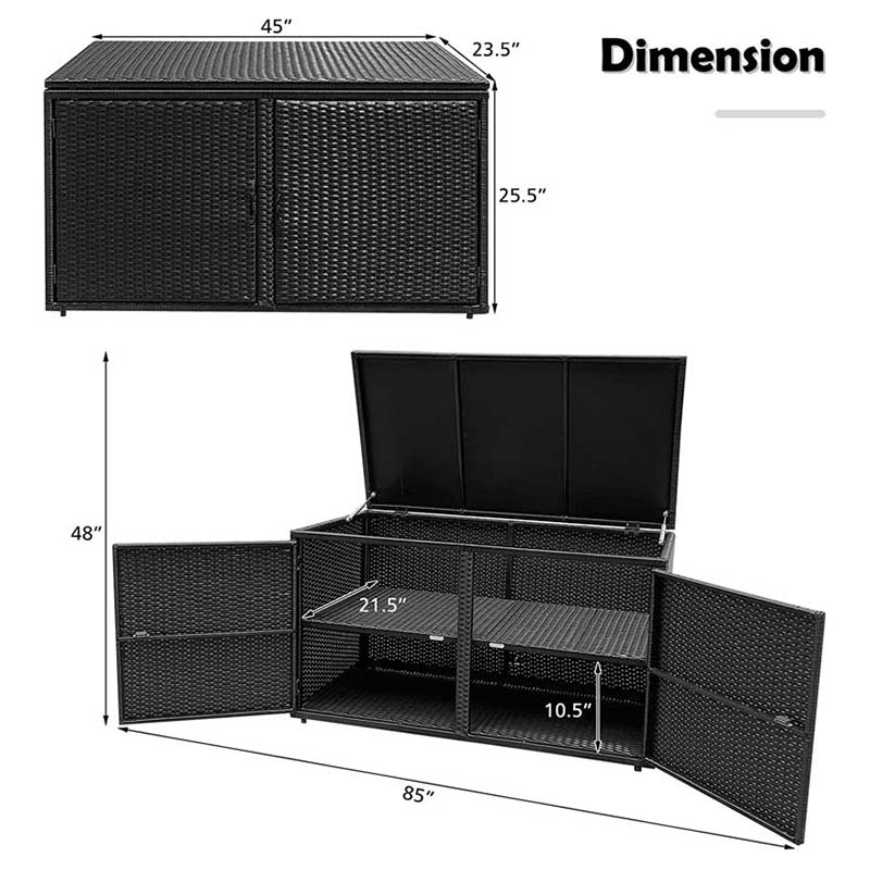 88 Gallon Patio Wicker Storage Box Rattan Deck Bench with Openable Door