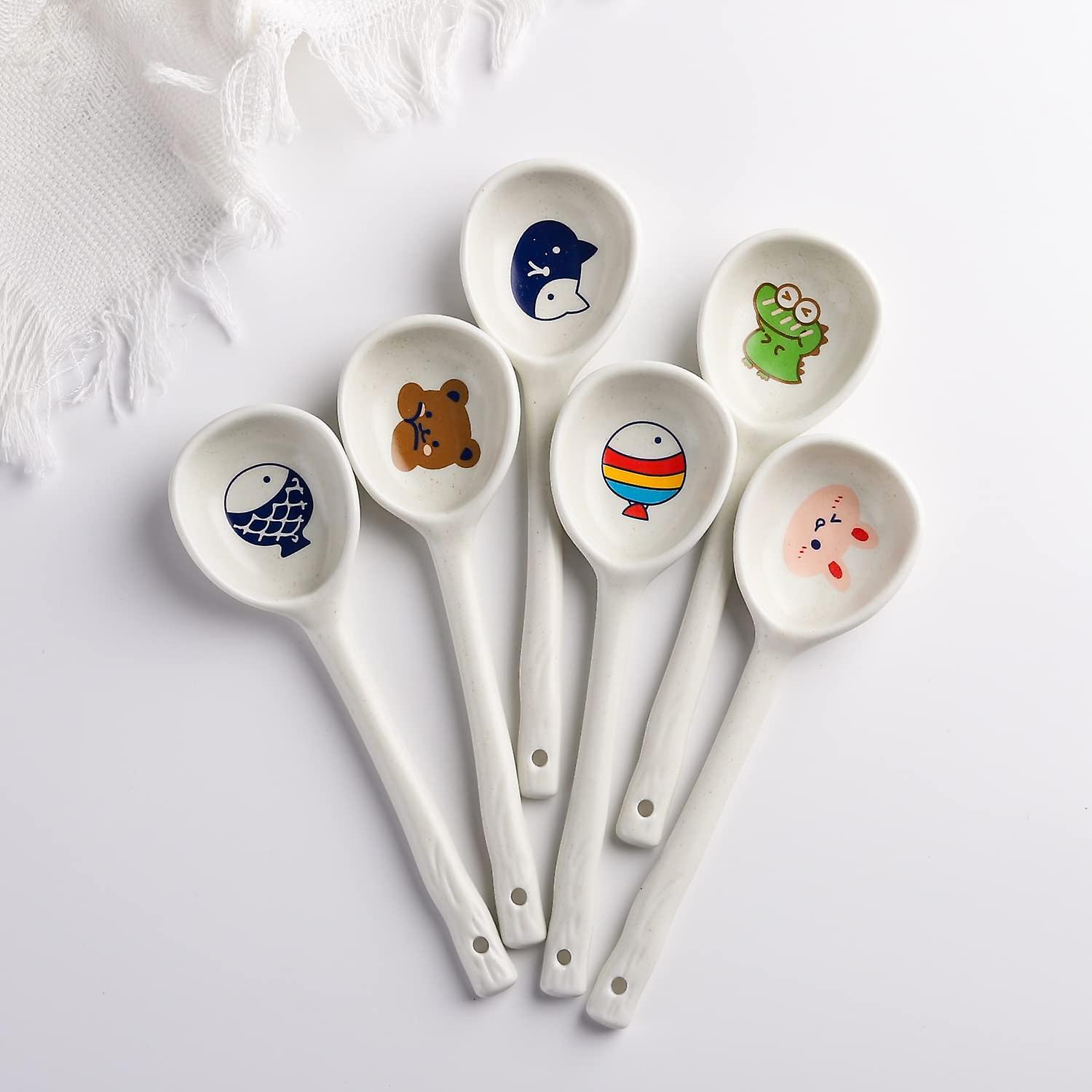 Porcelain Soup Spoons Set Of 6 Long Handle Japanese Round Soup Spoon Hand-painted Asian Soup Spoon (model 2#)