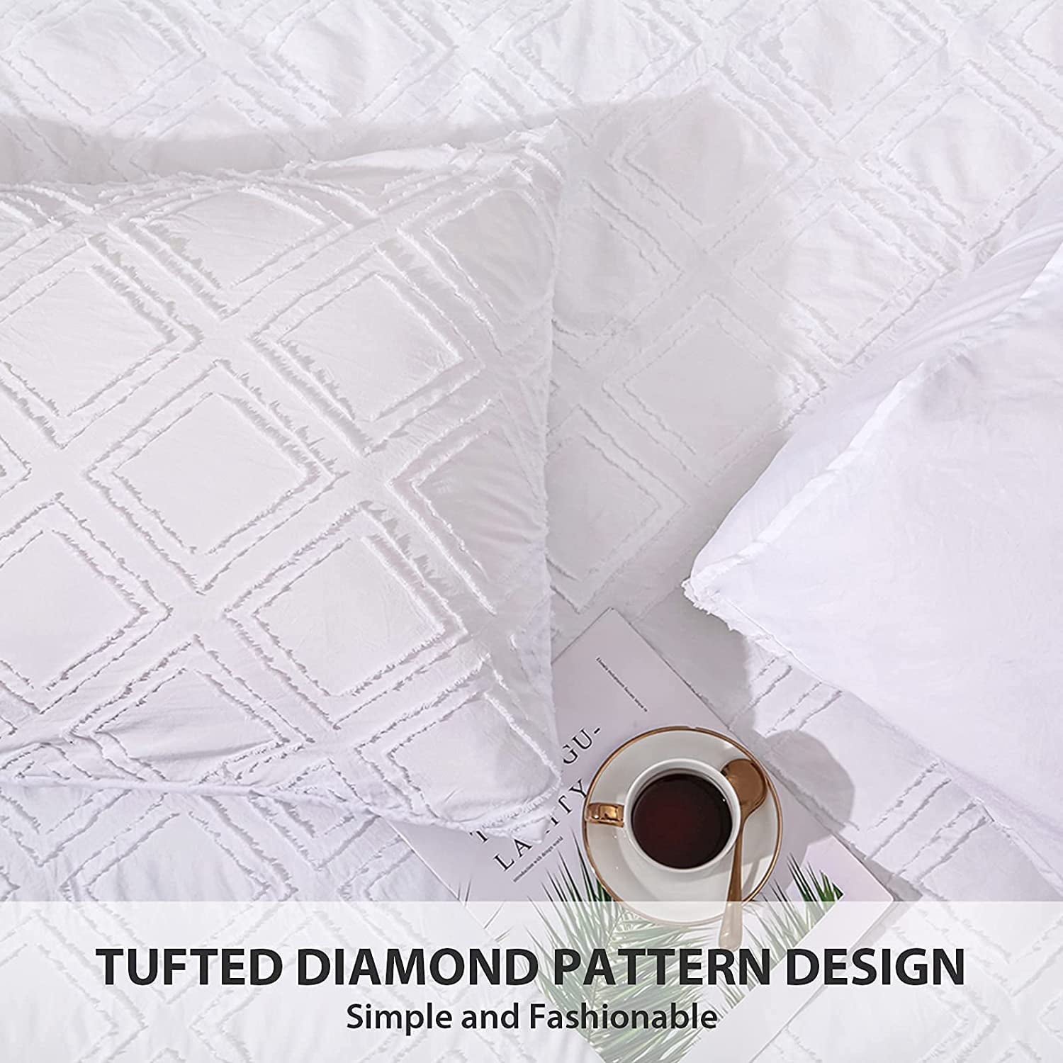 LUCKYBULL Tufted Comforter Set 3 Pieces Full Size Bed Comforter Set Jacquard Embroidery Diamond Geometric Design Soft Lightweight Shabby Chic Bedding Set for All Seasons， White 79''x90''