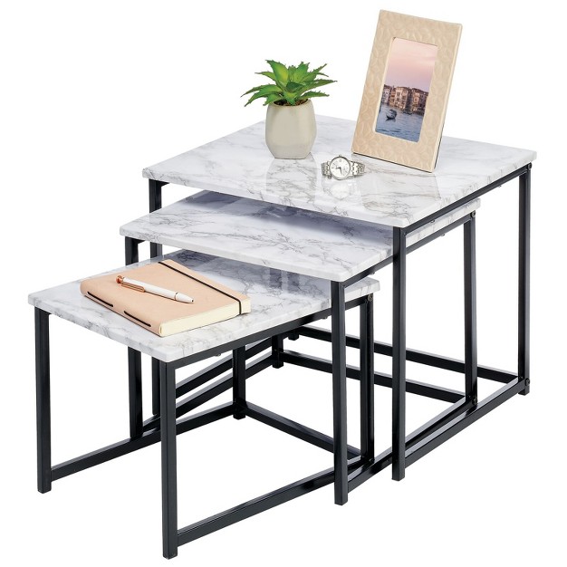 Mdesign Modern Metal wood Nesting Accent Stacking Table Set Of 3 Marble black