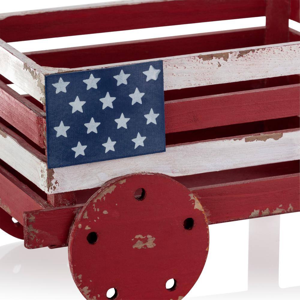 Alpine Corporation 9 in. Tall IndoorOutdoor Rustic Wooden American Flag Wheelbarrow Planter BKY100HH