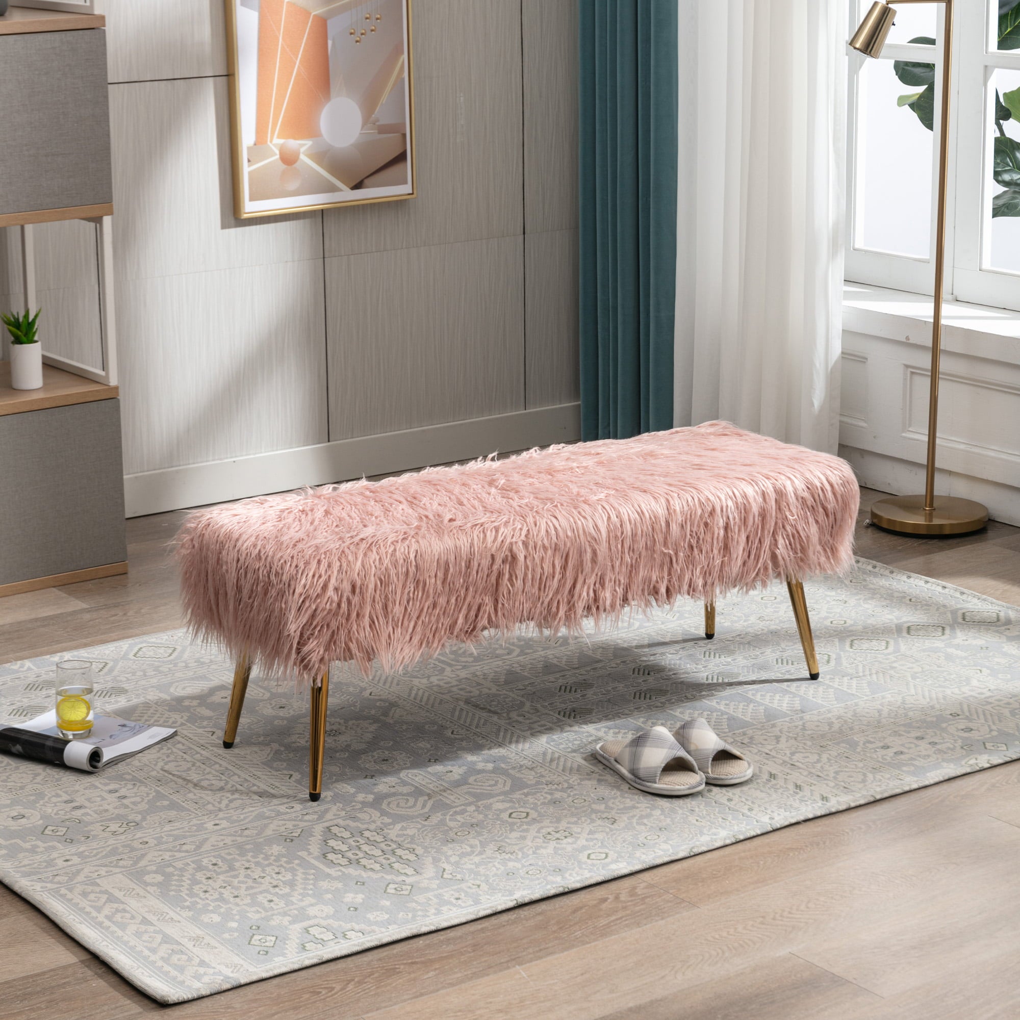 Officery Faux Fur Plush Bench, Modern Fluffy Upholstered Bench for Entryway Dining Room Living Room Bedroom, Pink