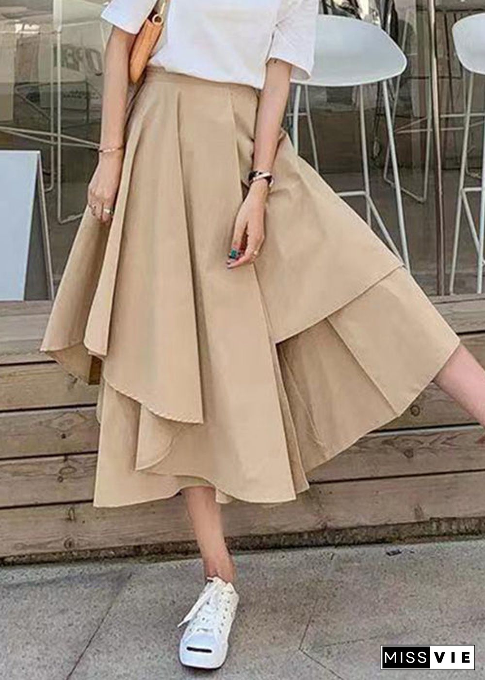 New Khaki Asymmetrical Elastic Waist Patchwork Cotton Pants Skirt Summer