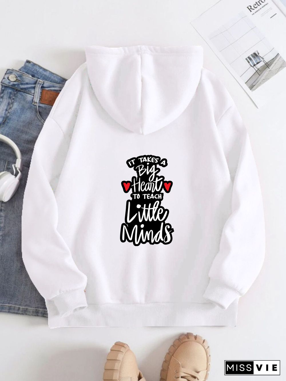 Printed on the Back Kangaroo Pocket Hoodie Long Sleeve for Women Pattern Big heart to teach