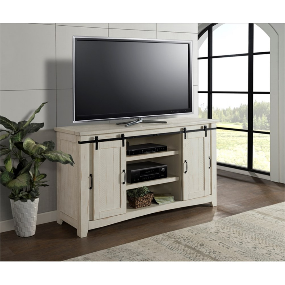 Bowery Hill Modern 65 quotSolid Wood TV Stand Antique White Finish   Farmhouse   Entertainment Centers And Tv Stands   by Homesquare  Houzz