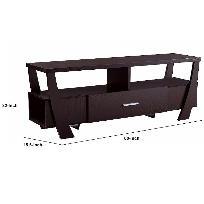 Modern Style TV Stand with 2 Open Shelves and 2 Side Shelves， Brown