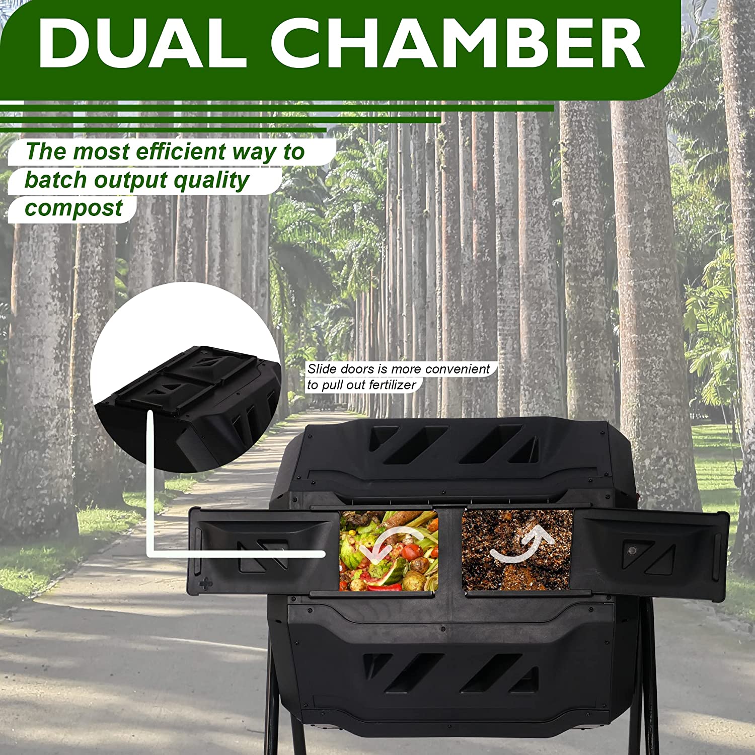 Dual Chamber Compost Tumbler, Outdoor Tumbling Rotating Compost Bin, 42 Gallon Tumbling Composter with 2 Sliding Doors, Easy Turn All Season Composter, Black