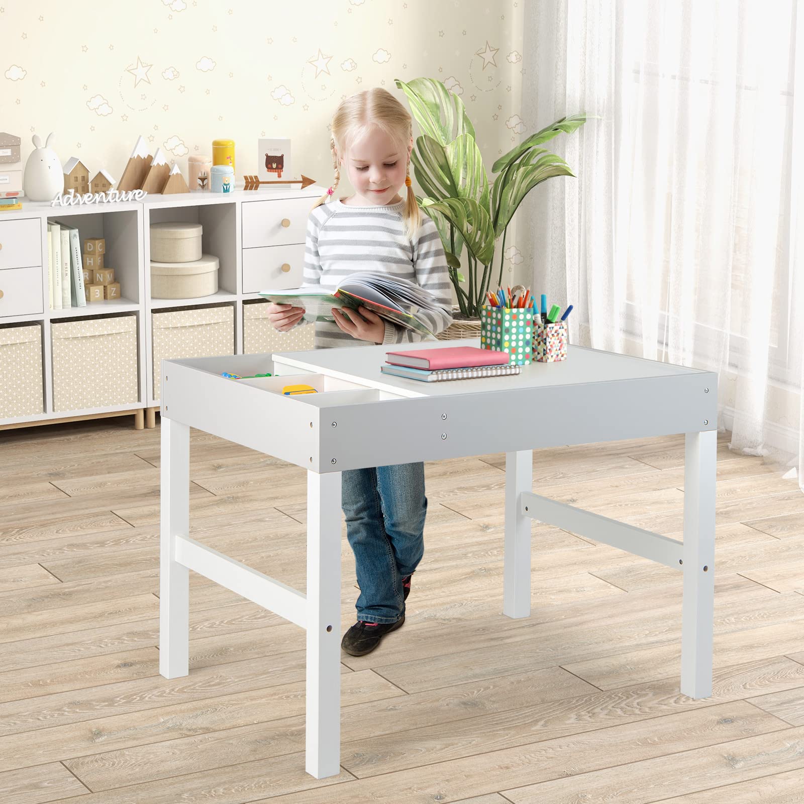 Costzon Kids Table, 3 in 1 Wooden Building Block Desk w/Storage