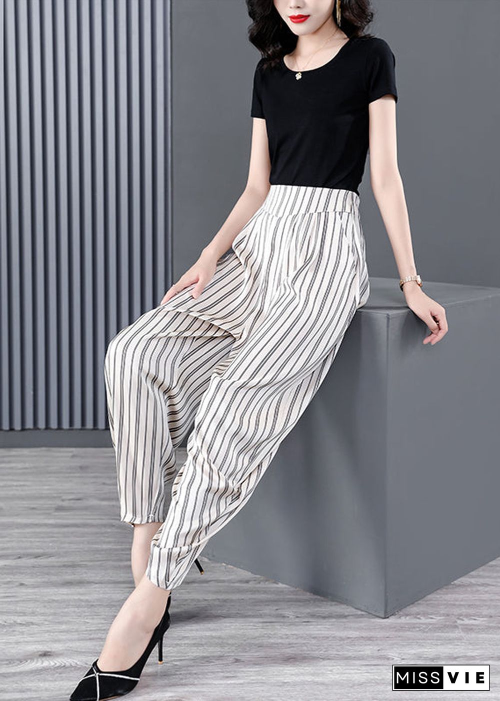 DIY White Striped Pockets Patchwork Chiffon Pants Summer