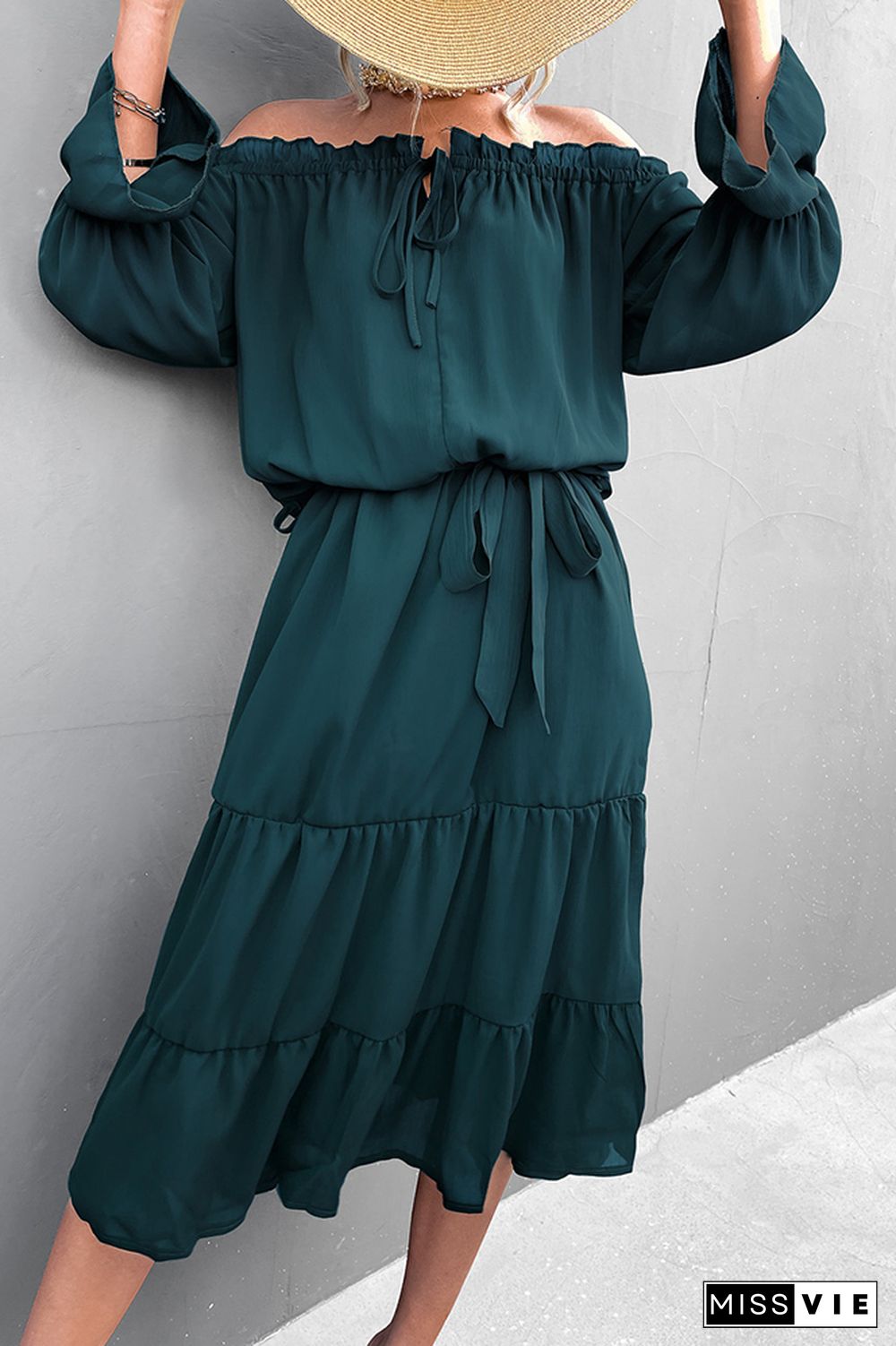 Solid Color Off Shoulder Ruffle Long Sleeves Dress Wholesale