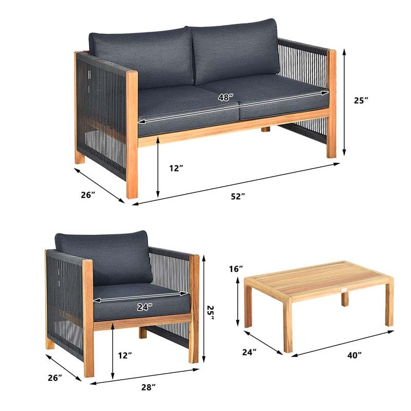 4 Pcs Acacia Wood Outdoor Loveseat Sofa Set with 2 Single Chairs & Coffee Table, Cushions